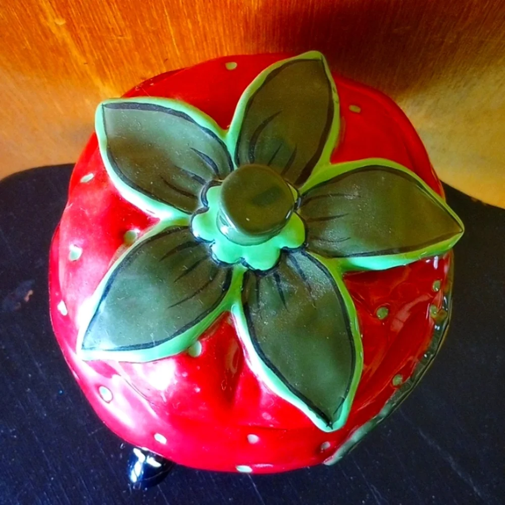 Vintage Red & Green Ceramic Cookie Jar, Canister, Strawberry Decor, Black Ant - Picture 3 of 4